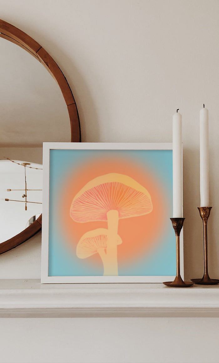 Stylish framed mushroom poster on mantelpiece, perfect for contemporary home decor