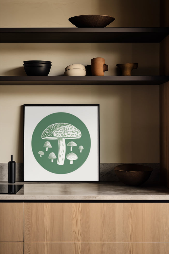 Modern minimalist mushroom artwork displayed in a stylish interior setting