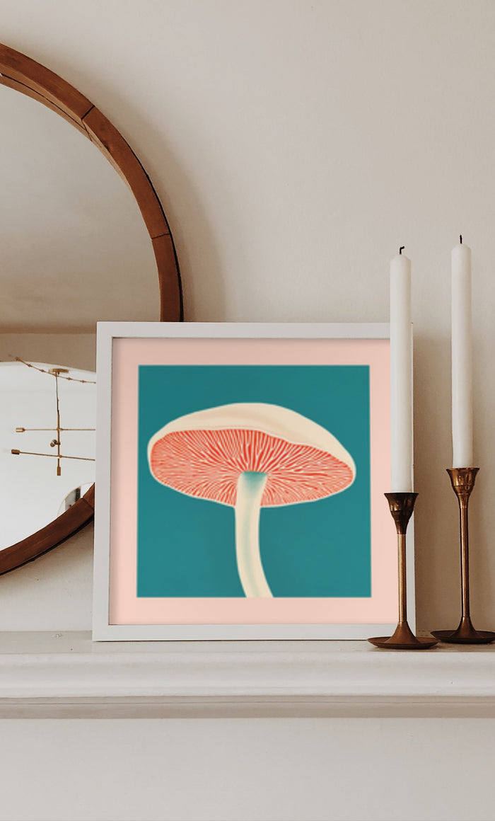 Minimalist mushroom illustration poster in a stylish home interior setting with candles and round mirror