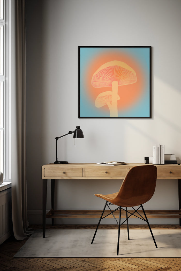 Contemporary mushroom design poster framed on a wall above a stylish wooden desk in a home office setting
