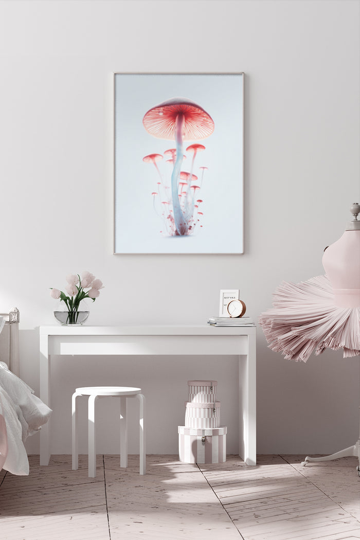 Contemporary red mushroom artwork poster displayed in a minimalist bedroom decor