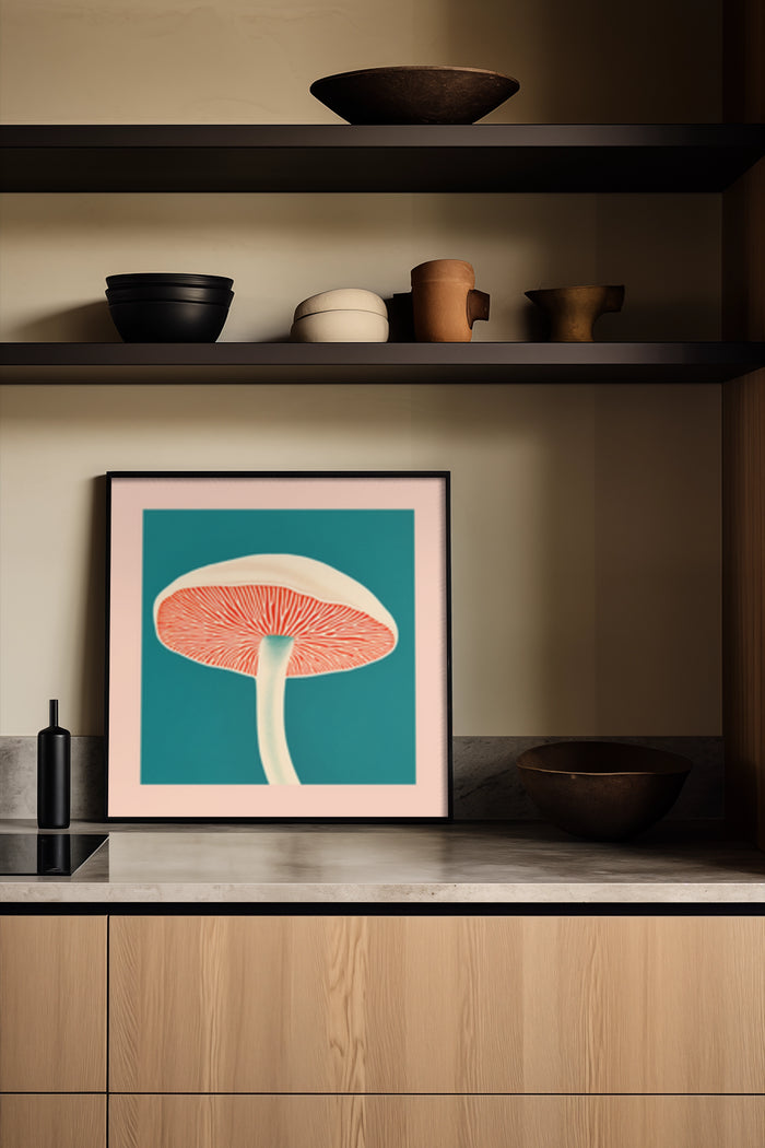 Minimalistic mushroom illustration poster on wall shelf with decorative pottery
