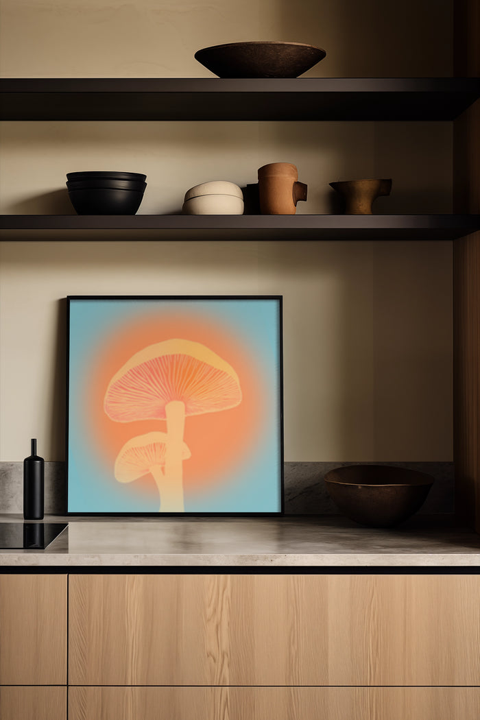 Contemporary mushroom illustration art poster displayed in a stylish interior setting with decorative shelves and pottery