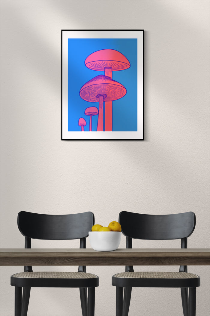 Stylish interior with modern mushroom artwork poster framed on the wall above two dark chairs and a wooden bench with a bowl of lemons