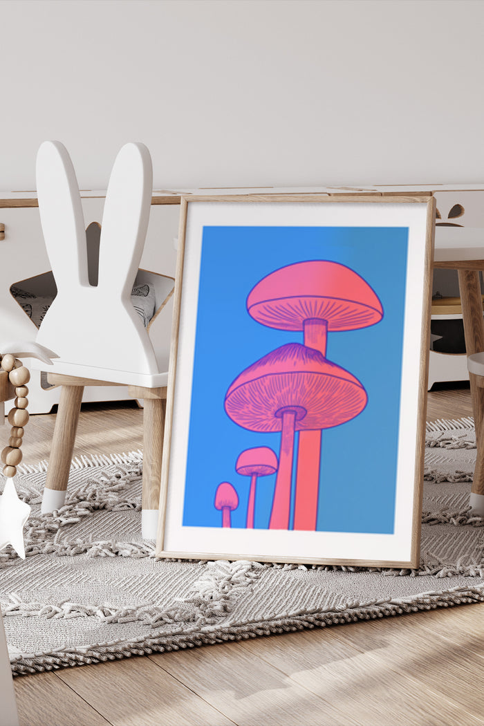 Modern mushroom artwork poster in a minimalist interior setting