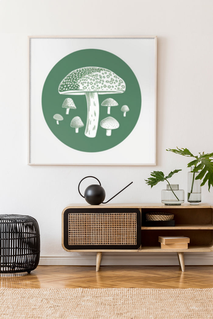 Stylish modern mushroom artwork in a poster frame displayed above a TV console in a living room setting