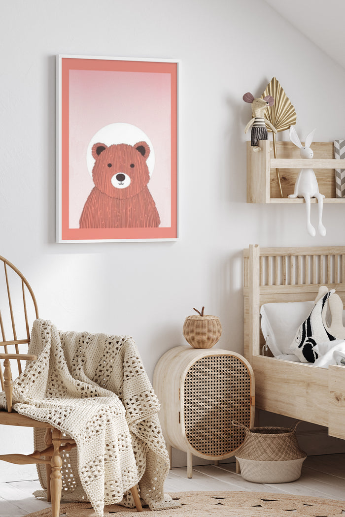 Stylish nursery room interior with chair and Scandinavian decor featuring a cute bear illustration poster