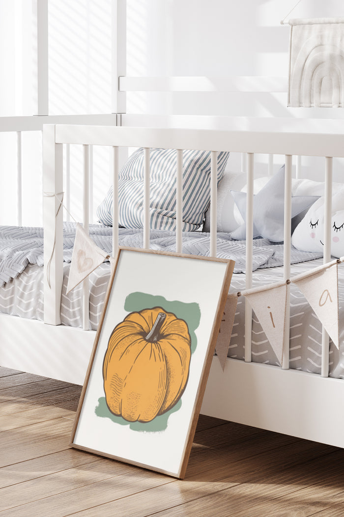 Stylish nursery room interior with framed pumpkin illustration poster