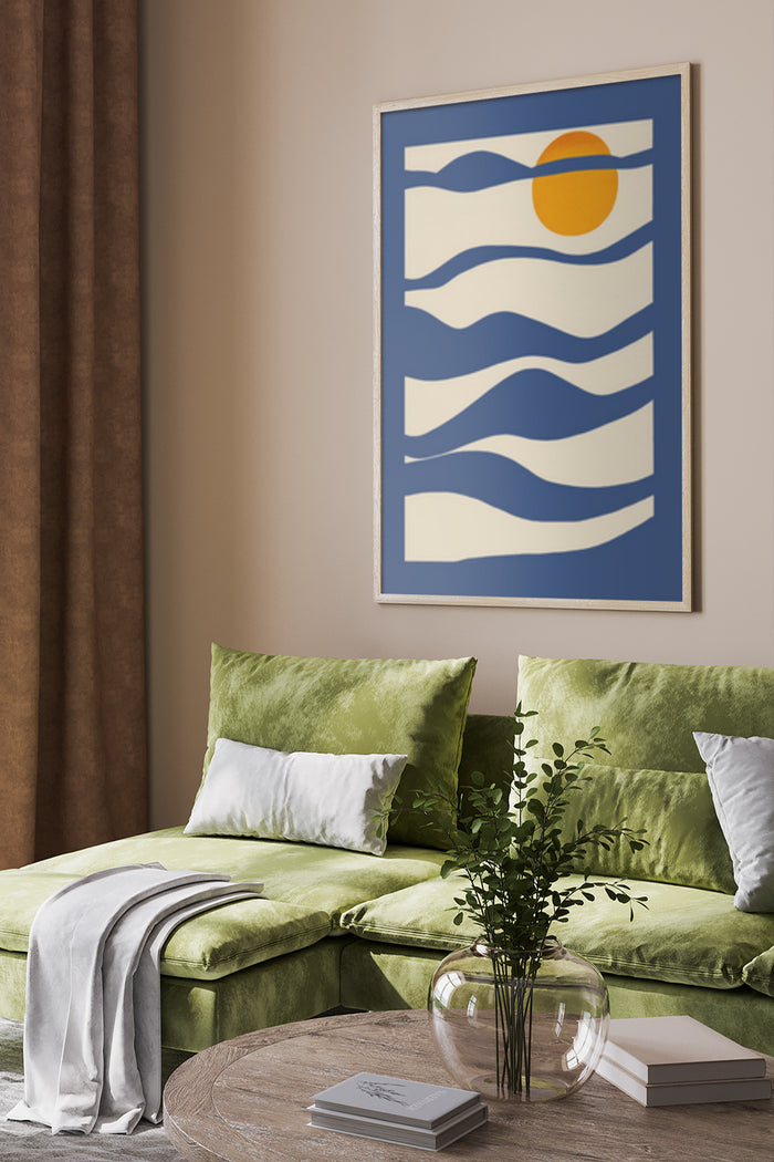 Stylish modern poster with ocean wave patterns and sunset in cozy living room decor