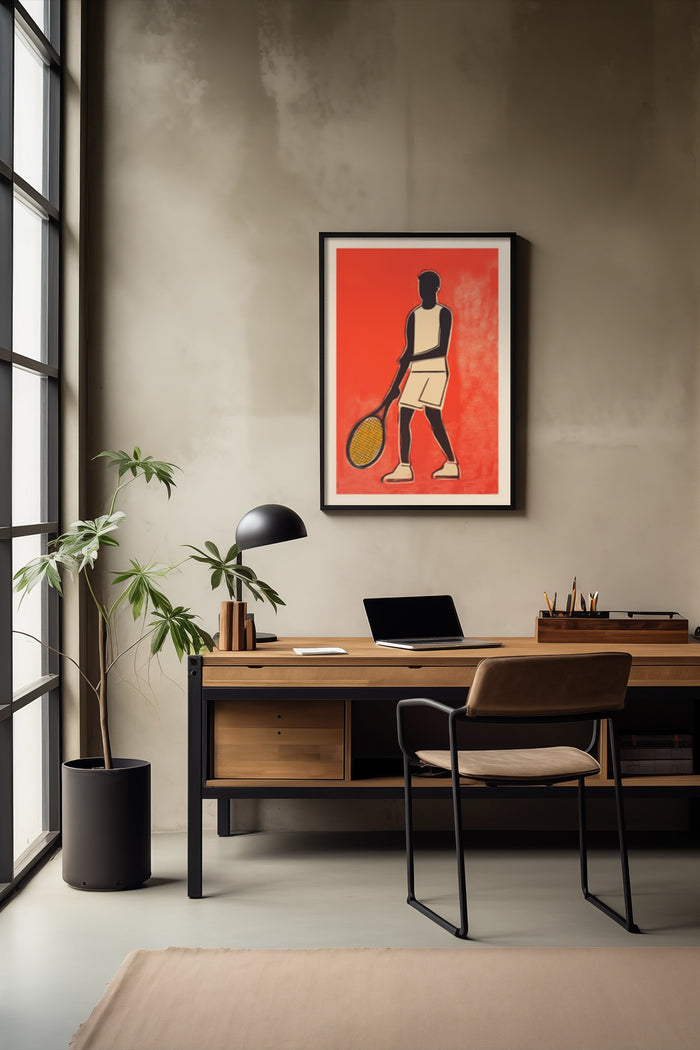 Stylish home office with contemporary tennis player poster and industrial furniture