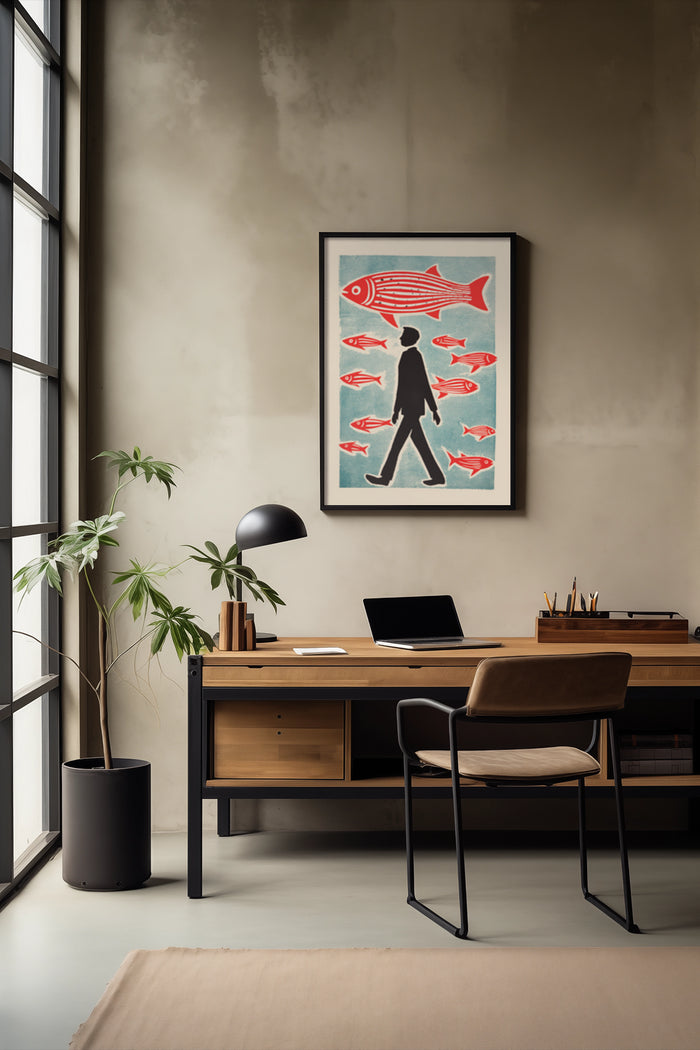 Stylish home office with vintage poster of a man walking with a large fish and red fish swimming around him