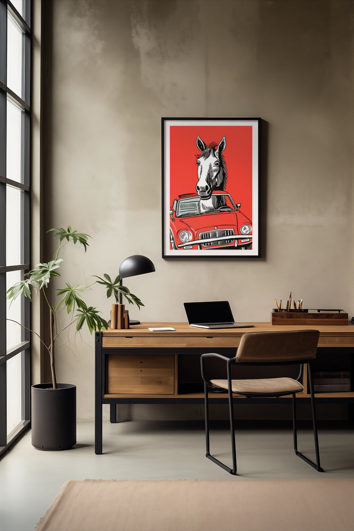 Sleek modern office interior featuring a poster with a drawing of a horse sticking its head out of a red car