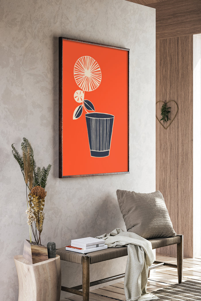 Modern orange poster art featuring a white striped potted plant in contemporary home decor setting