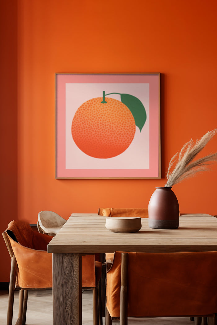 Stylish modern dining room with orange wall and a framed poster of an orange fruit, contemporary home decor concept