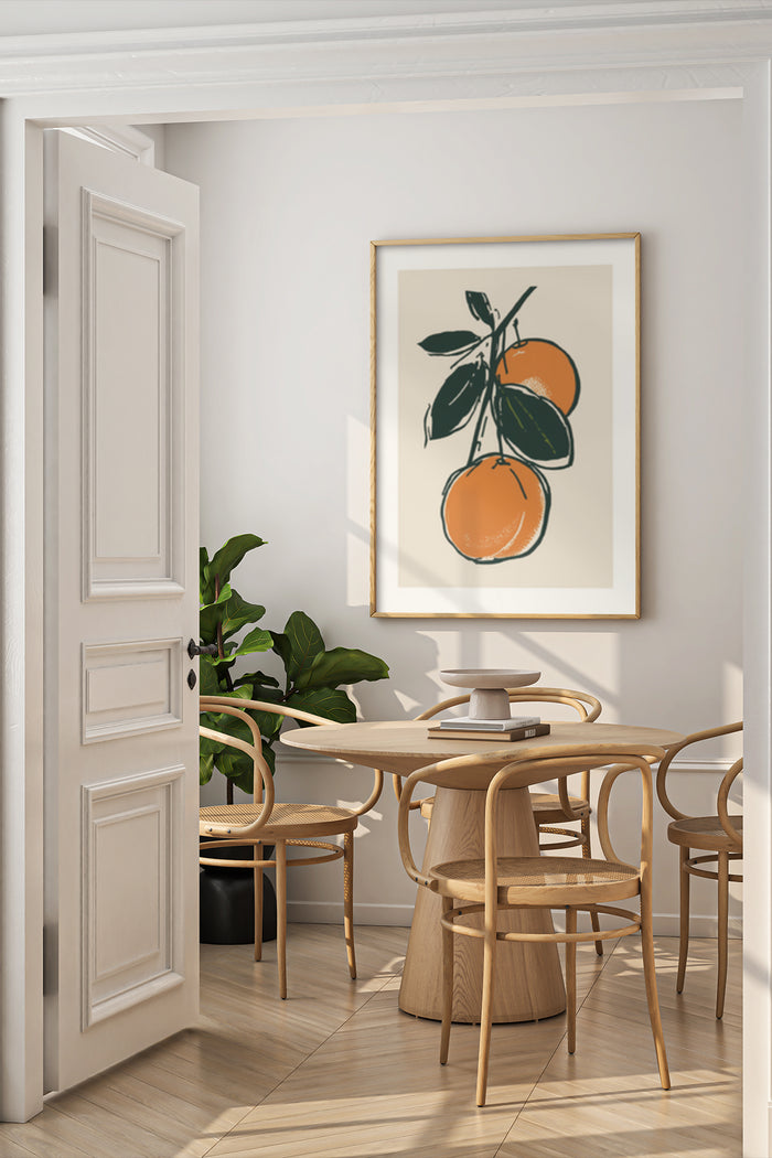 Contemporary still life artwork of oranges on a poster, displayed in a stylish dining room setting