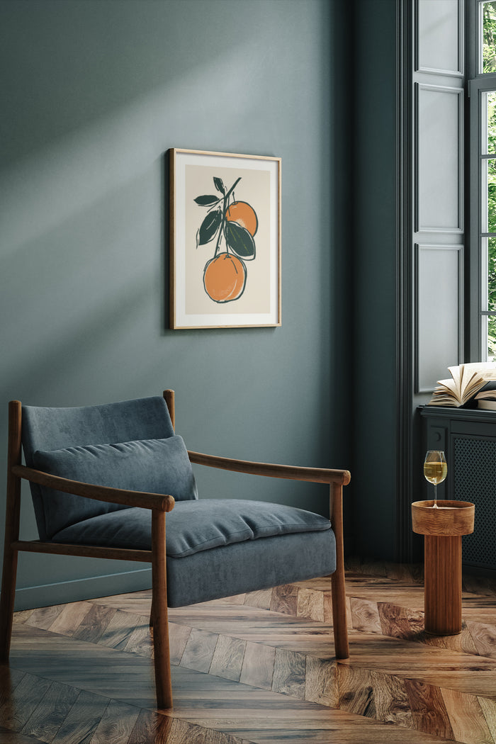 Elegant interior design with framed modern orange artwork poster above wooden chair