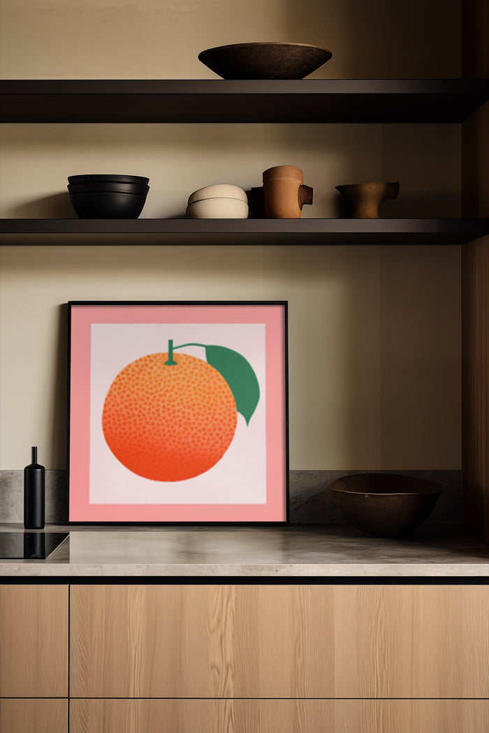 Modern minimalist orange artwork poster on shelf in contemporary interior design setting