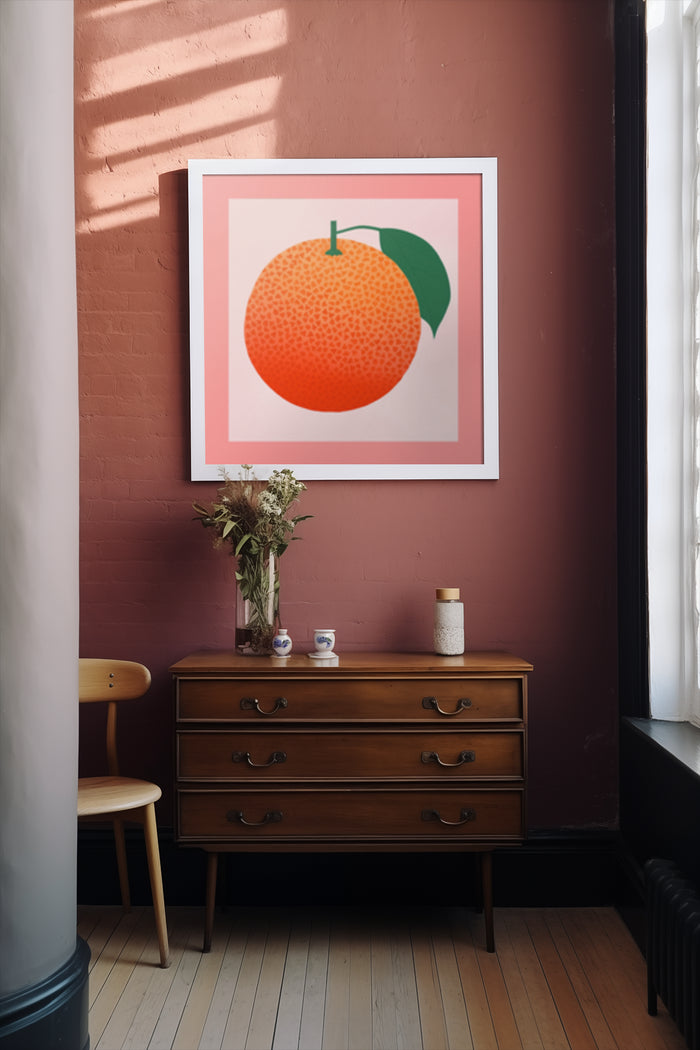 Contemporary orange illustration poster framed on a wall above a vintage wooden dresser in an interior setting