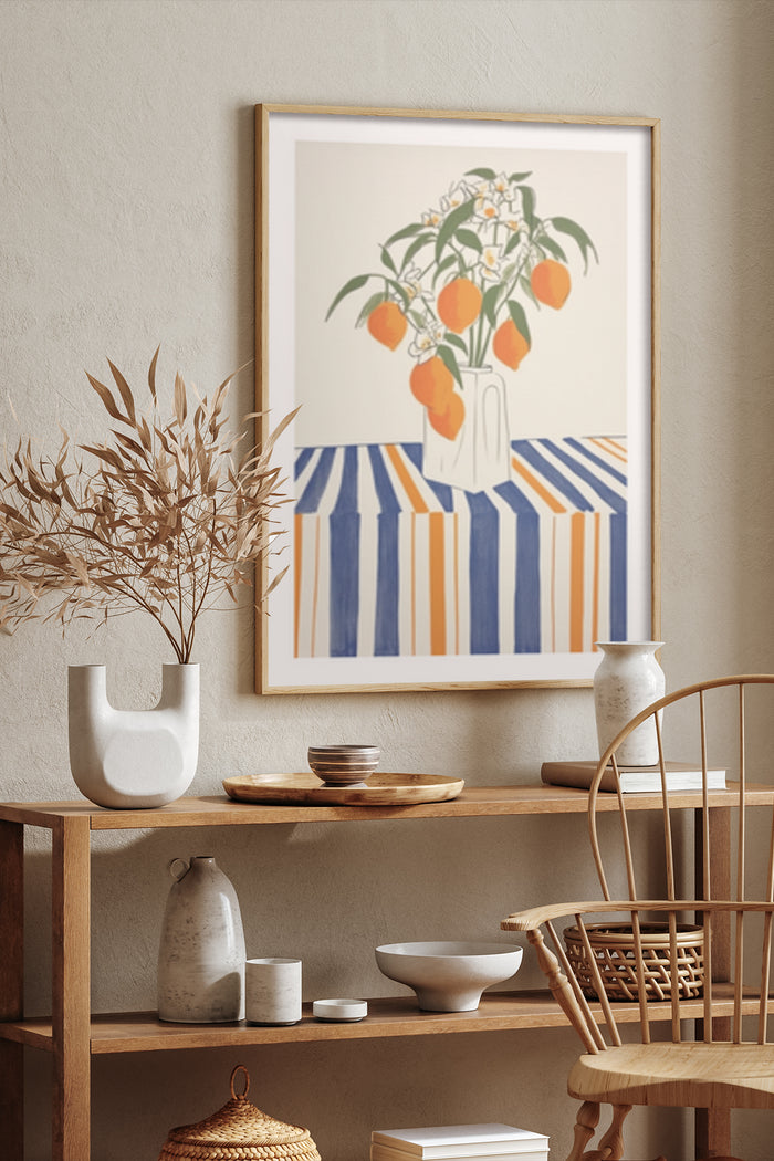 Modern Art Poster Featuring Oranges in a Jug on a Blue and White Striped Tablecloth