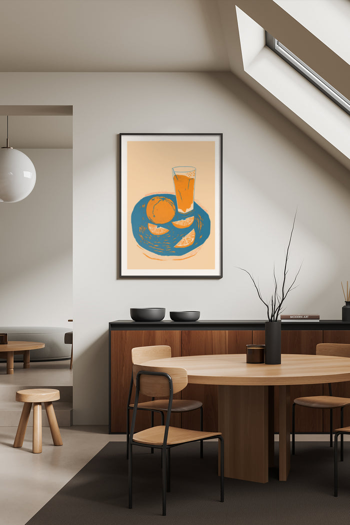 Stylized modern illustration of orange juice glass and orange fruit poster in contemporary interior