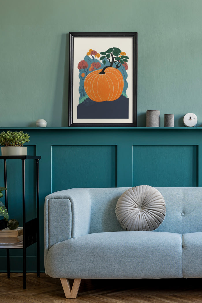 Contemporary pumpkin poster art in living room interior