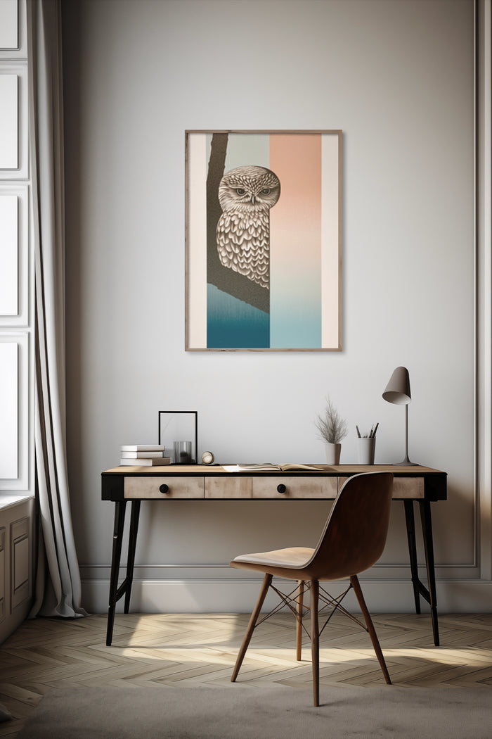 Elegant owl illustration poster hanging above a wooden desk in a chic, modern room