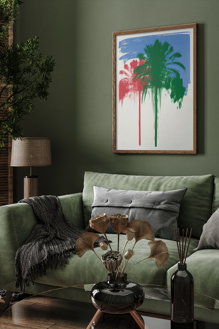 Contemporary framed palm tree painting with vibrant colors on a living room wall