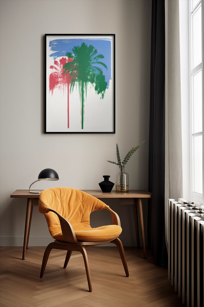 modern abstract colorful palm tree artwork on poster in stylish interior design with yellow chair and wooden desk