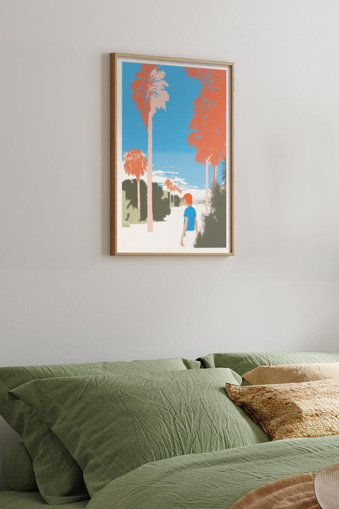 Modern Palm Trees Art Print Hanging in a Cozy Bedroom Setting