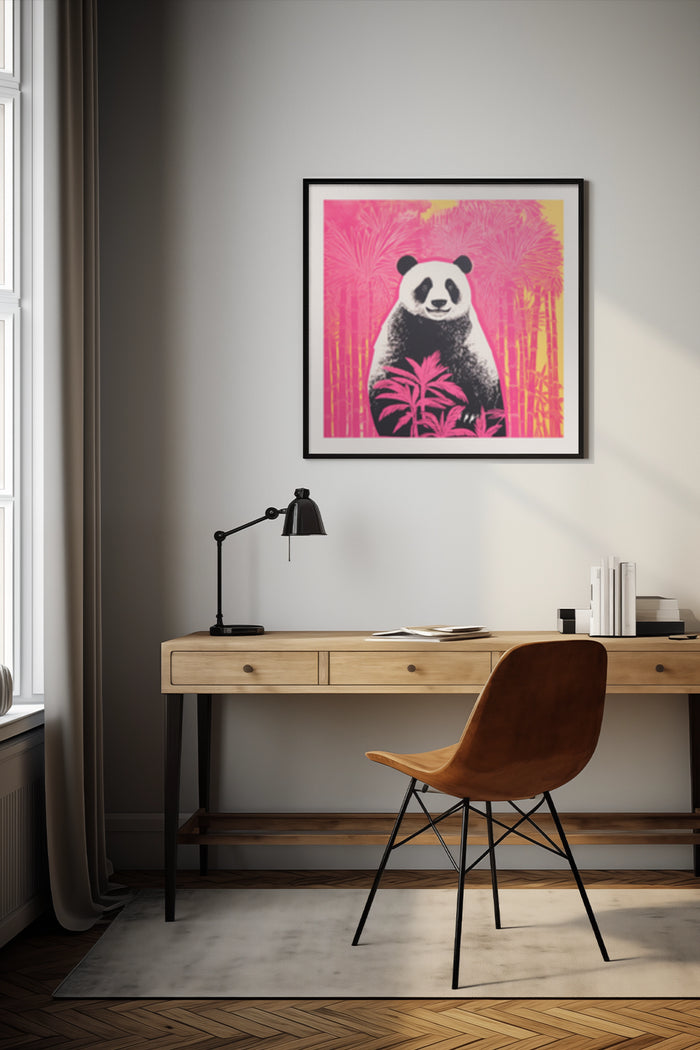 Contemporary pink and black panda poster art in stylish home office setting