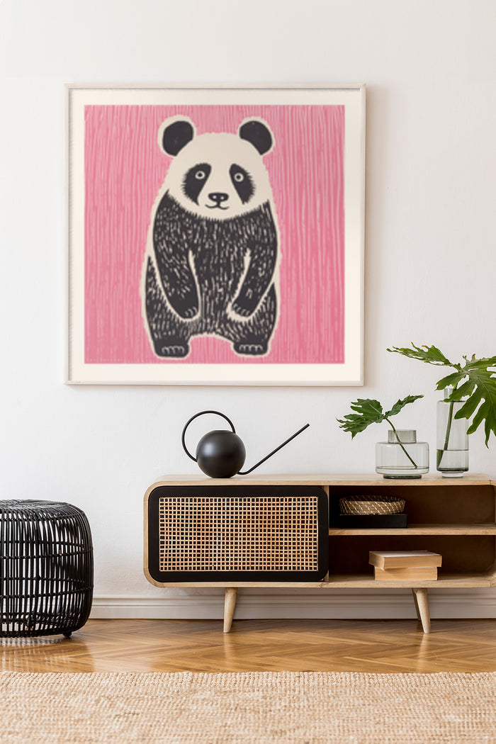 Stylish interior with modern panda artwork on pink background poster