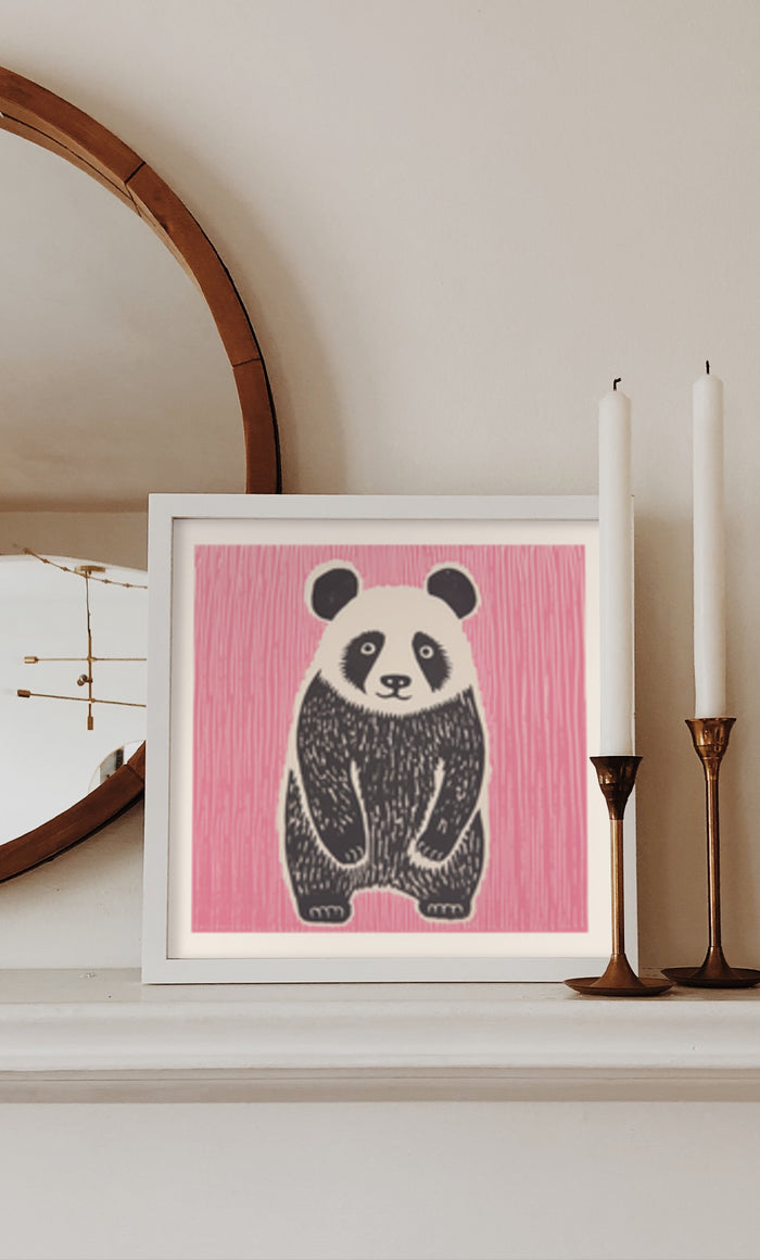 Stylized black and white panda poster in a chic room with candles and round mirror