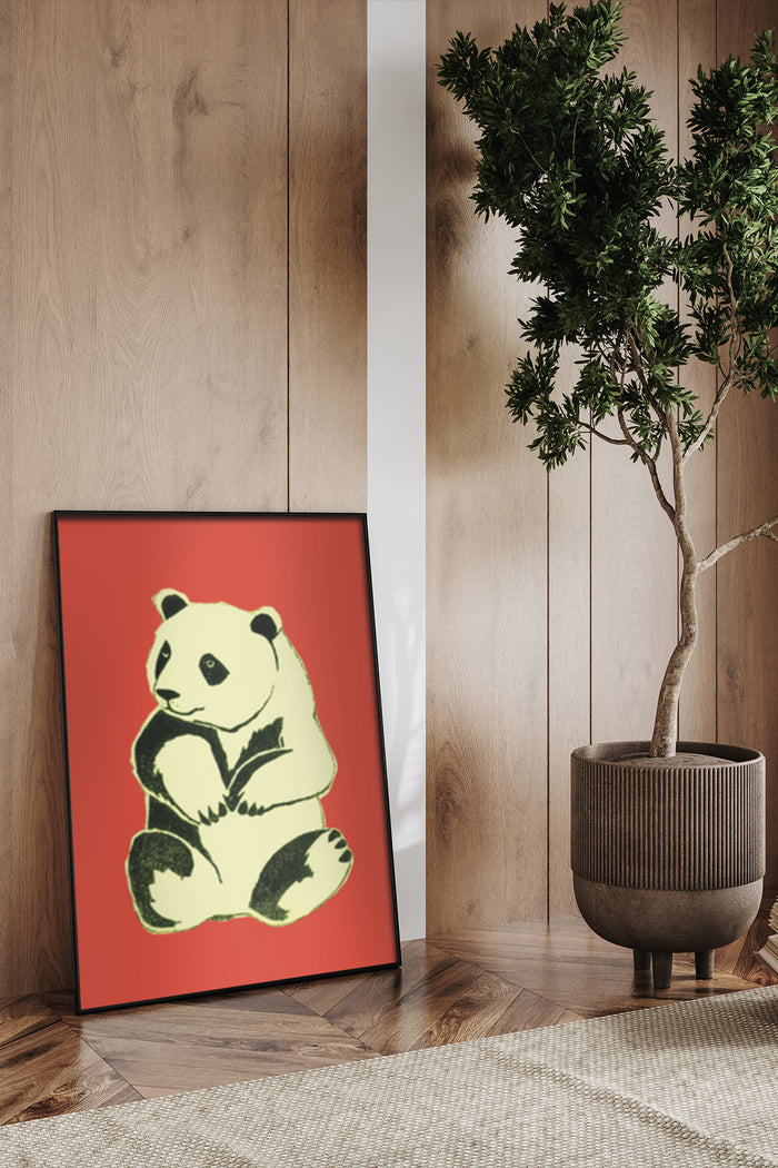 Stylized panda poster in modern home decor setting with indoor plant