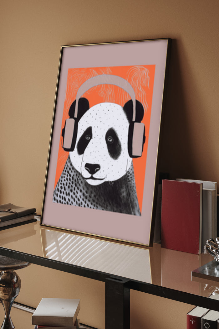 Contemporary panda illustration with headphones pop art poster on display