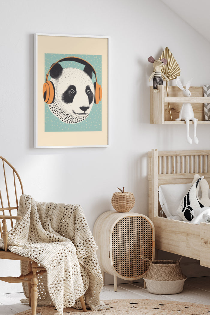 Modern illustrated panda with headphones art poster displayed in a cozy interior setting