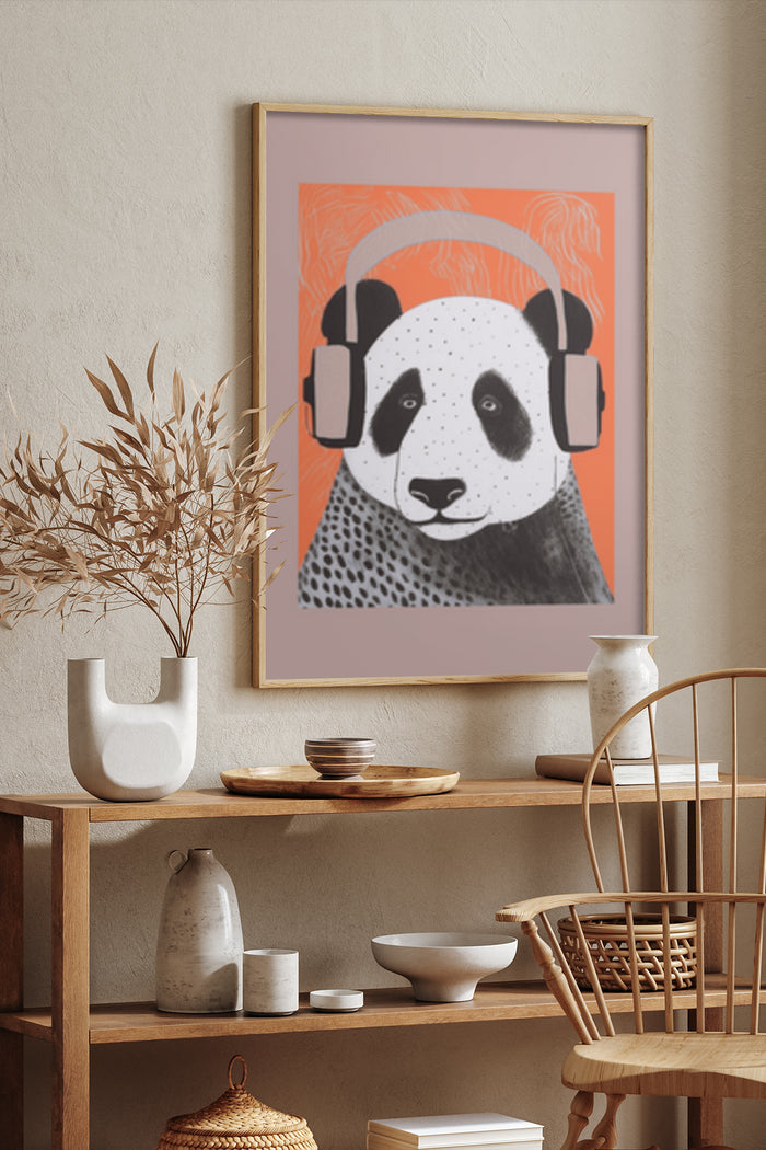 Contemporary poster of a panda with headphones in a stylish interior setting