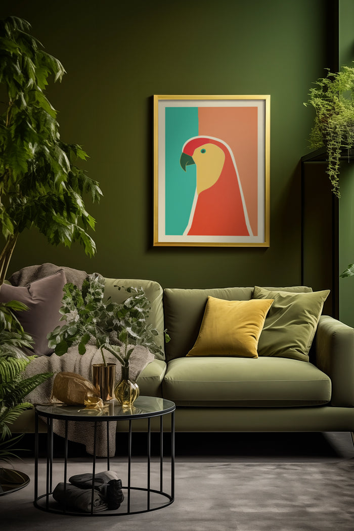 Stylish modern artwork of a parrot on poster within an elegantly decorated living room interior