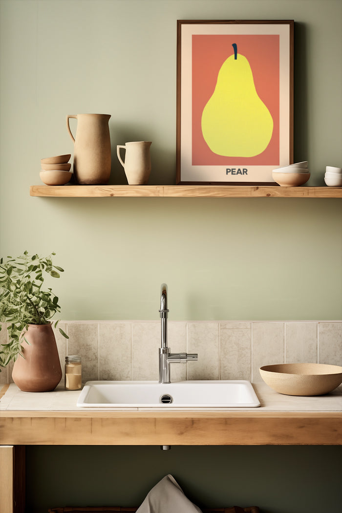 Modern kitchen with a vibrant pear poster framed on the wall, accompanied by pottery and wooden shelf