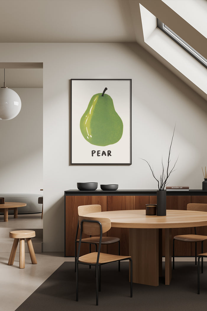 Contemporary pear graphic poster displayed in a stylish minimalist dining room setting