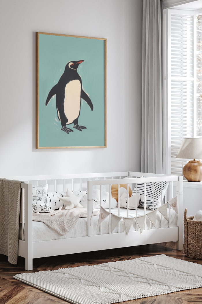 Contemporary Penguin Painting Hanging Above White Crib in Stylish Nursery Interior