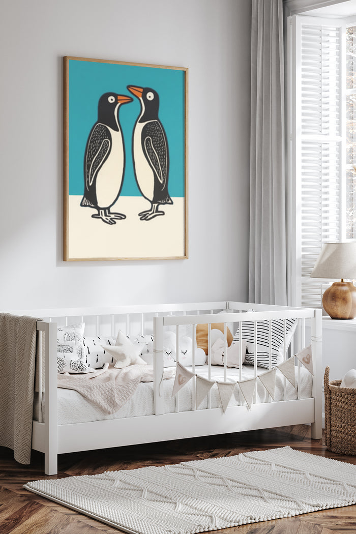 Stylish modern penguin illustration poster featured in a cozy nursery interior design