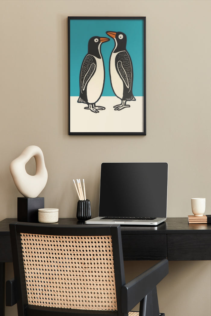 Minimalist penguin illustration poster in stylish office setting