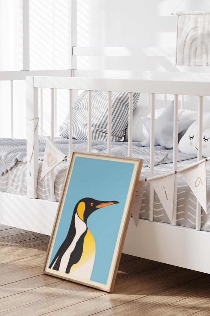 Contemporary Penguin Illustration Poster Displayed in a Stylish Nursery Room