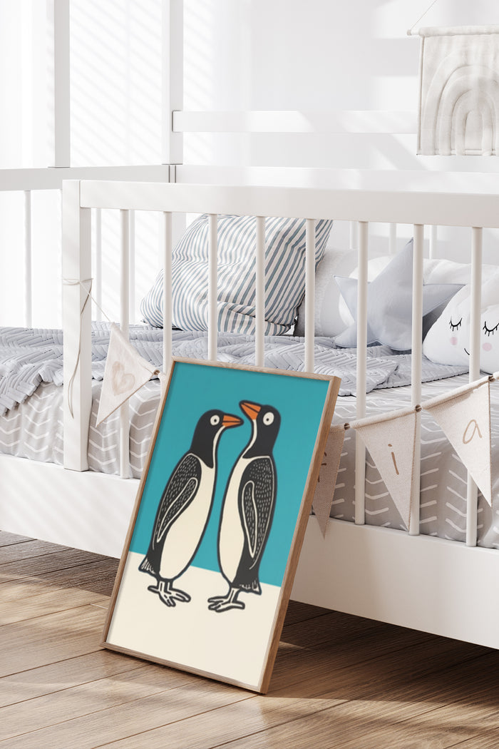 Modern stylized penguin poster displayed in contemporary nursery room decor