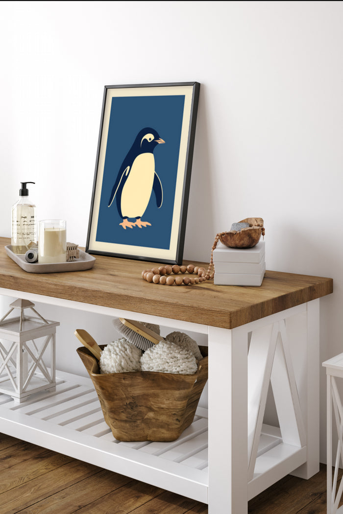 Stylish modern penguin illustration poster framed in a cozy home interior setting