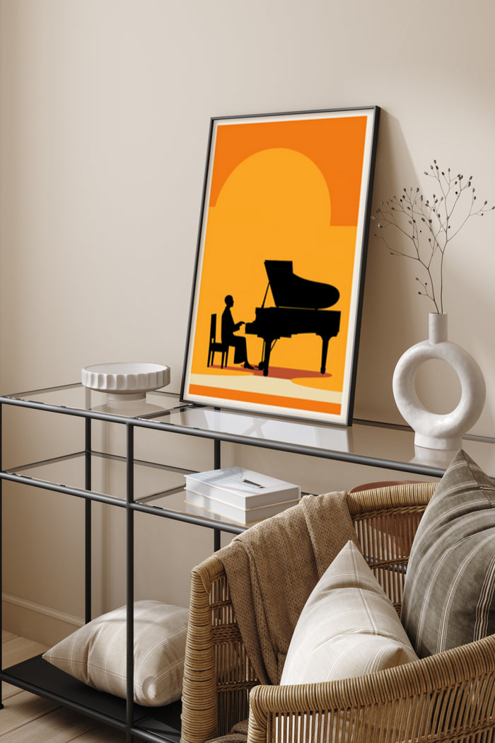 Modern orange and black piano player illustration art poster in a stylish living room setting