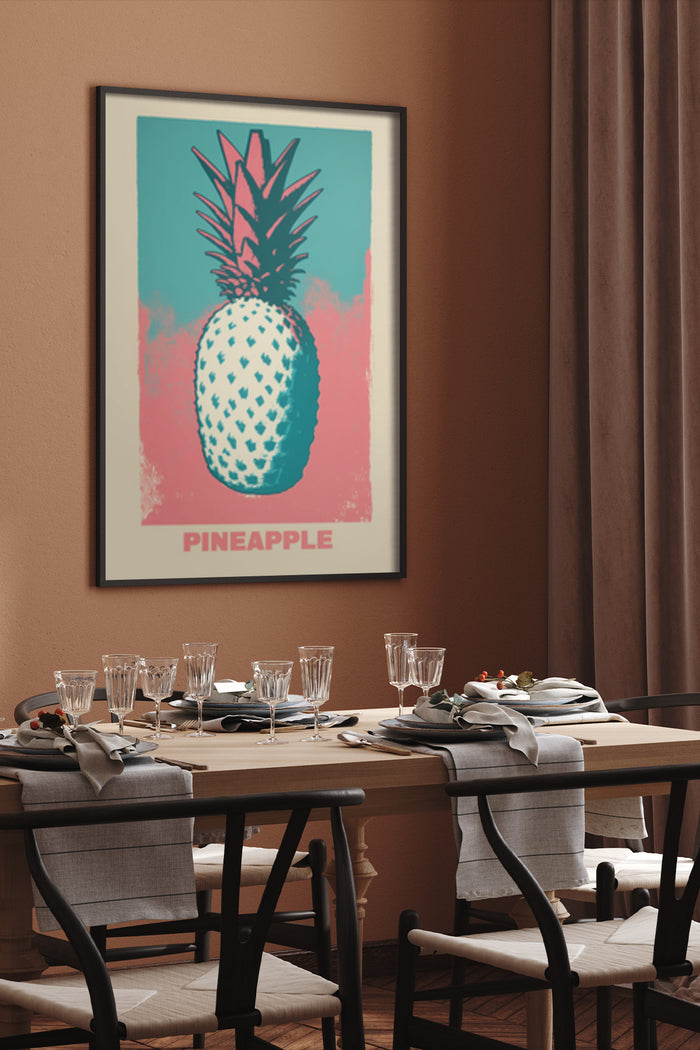Contemporary pineapple poster artwork in dining room setting with table setting