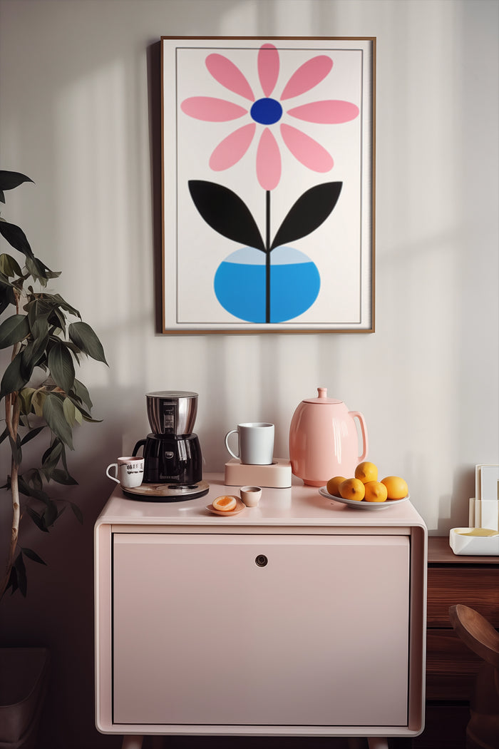 Modern abstract flower poster with pink petals and blue pot in stylish kitchen interior