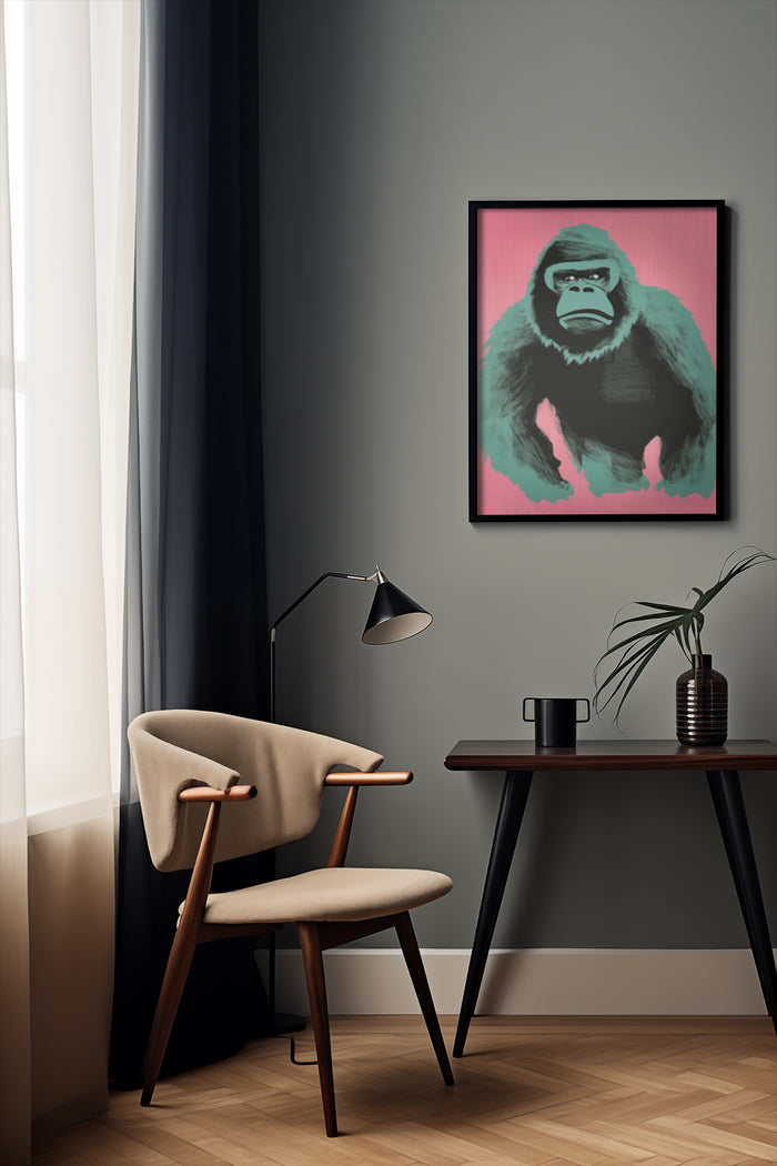 Contemporary art with pink gorilla poster on wall in modern home decor setting