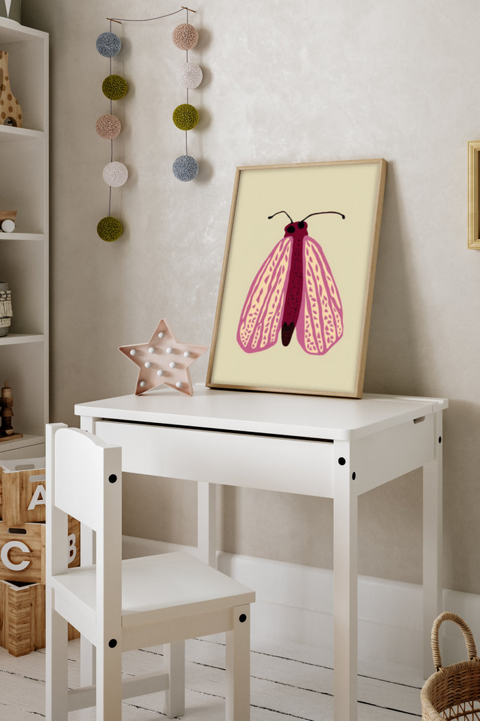 Modern Pink Moth Art Poster in a Stylish Children's Room Decor Setting